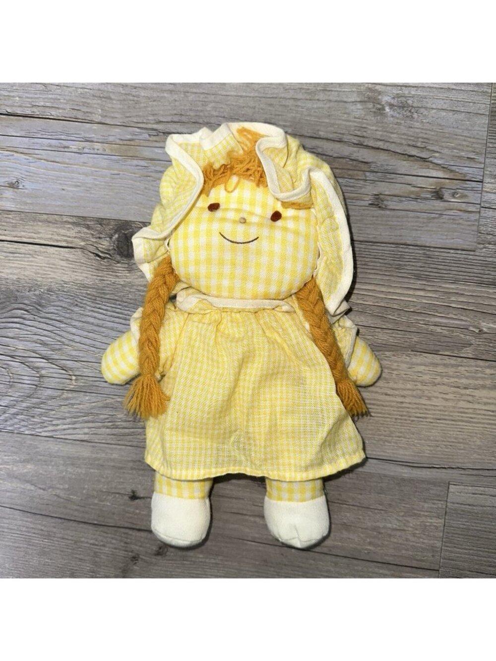 Vintage Eden yellow And White Checked Cloth Doll Braided Yarn Hair 10” # 3685